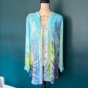 Soft Surroundings Chiffon Blue Green Floral Tunic 2 Piece With Blue Tank Large